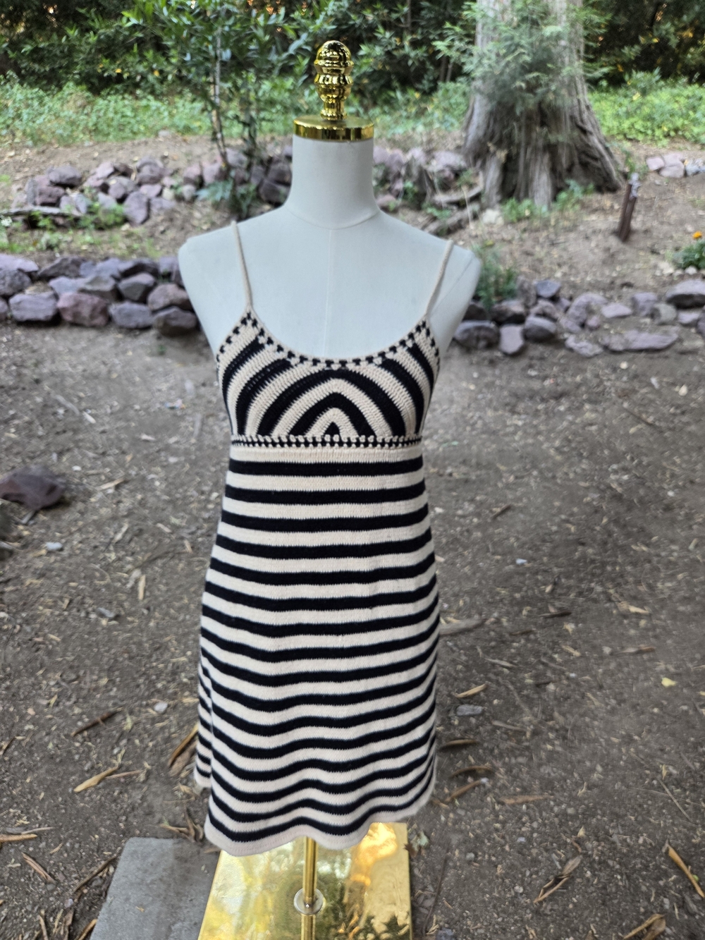 Miou Muse Striped Black and Cream Knit Spaghetti Strap Dress - Picture 2 of 8